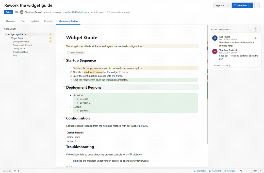 In a pull request: highlight a sentence on the rendered page, leave a Word-style anchored comment that persists as a PR thread, and review diffs and the document outline in place
