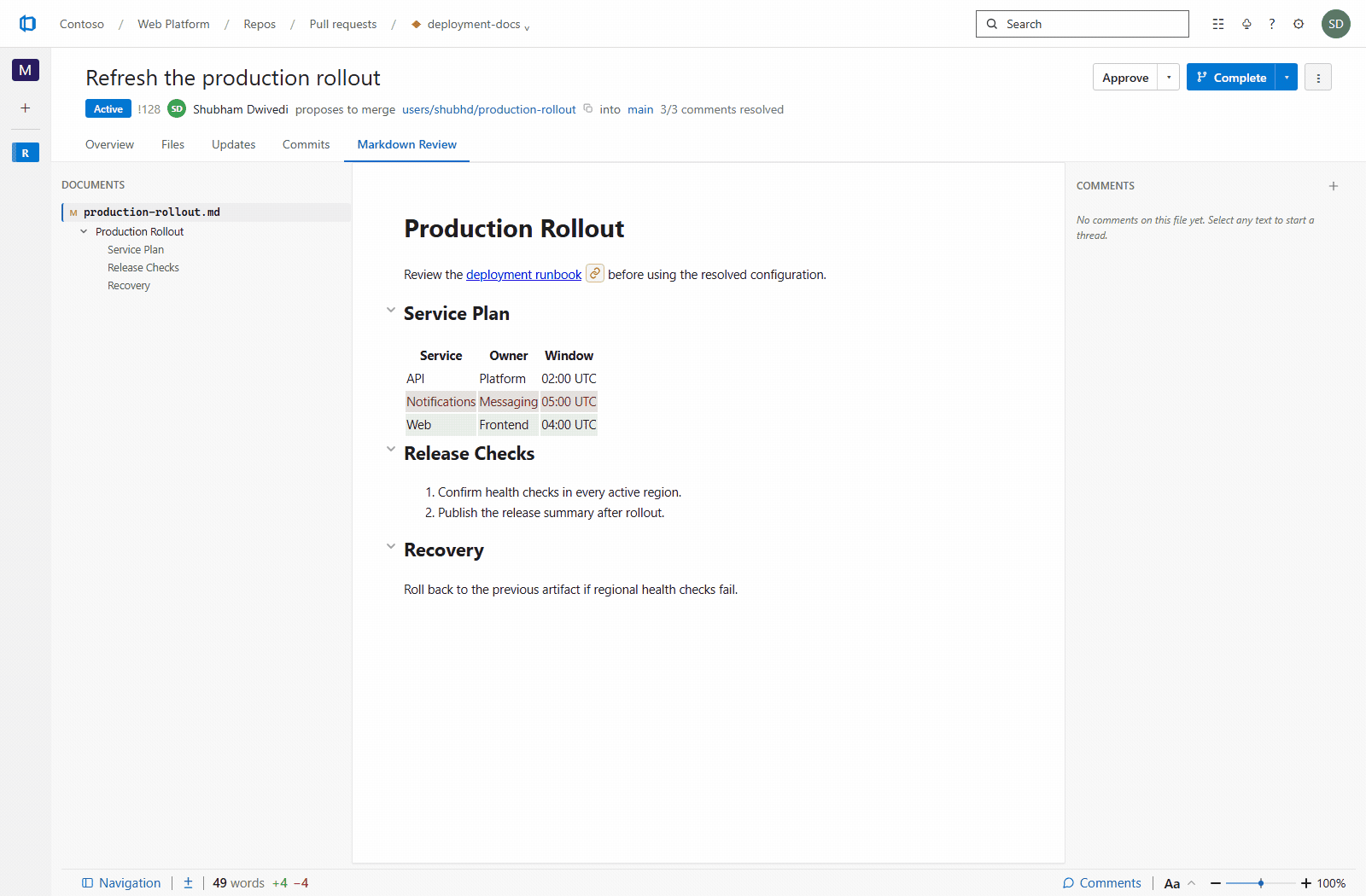 In a pull request: highlight a sentence on the rendered page, leave a Word-style anchored comment that persists as a PR thread, and review diffs and the document outline in place